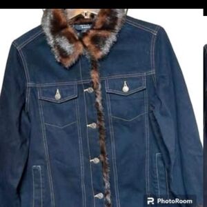 Dennis Basso Dark Blue Jean Jacket with Faux Fur. New No Tags. Sz. Xsm.